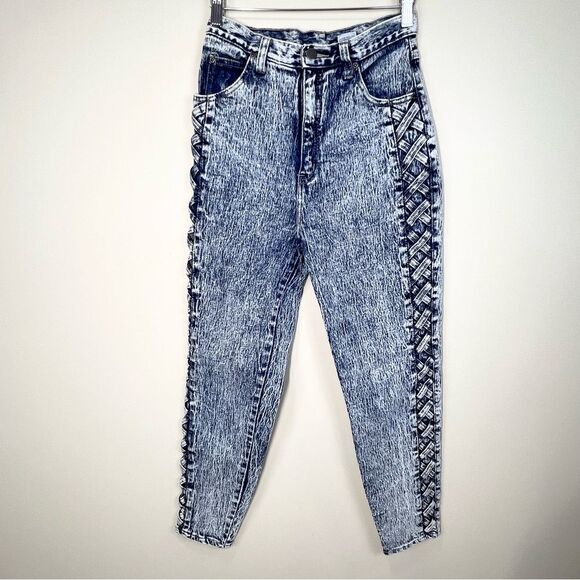 VTG Pure Jeanswear Acid Wash 80’s High Rise Side Lace Up Mom Jeans 9 Juniors - Picture 1 of 11
